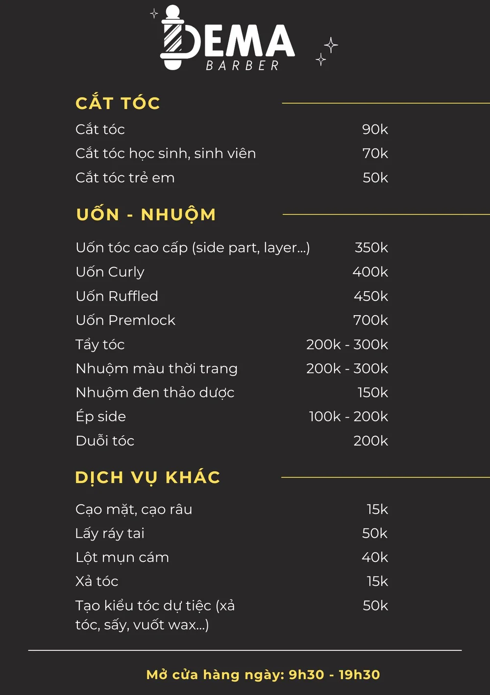 Bảng giá đầy đủ của DemaBarber